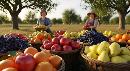 Baskets of Fresh Harvest in Orchard with Farmers