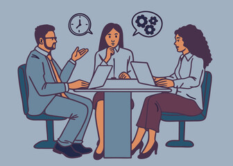 Business Meeting with Three Professionals Discussing Strategy and Time Management at a Table