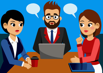 Business Meeting with Two Women and a Man with Speech Bubbles and Laptop Illustration