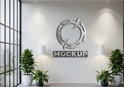 Modern 3d logo mockup presentation on a clean office wall with ambient lighting and potted plants, showcasing corporate branding and design