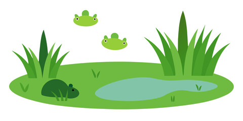 Green grass pond with frogs and mouse nature