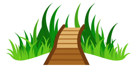 Wooden walkway through lush green grass pathway nature