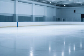 An empty ice rink with a reflective surface, captured in a wide-angle minimalist sports venue.