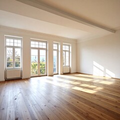 Fototapeta premium Empty room with hardwood floors and large windows