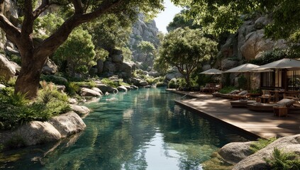 Serene pool nestled in a rocky, lush canyon