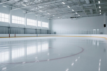 Obraz premium An empty ice rink with a reflective surface, captured in a wide-angle minimalist sports venue.
