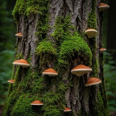 Fototapeta premium A tree trunk covered in green moss and shelf mushrooms in a forest environment nature photography