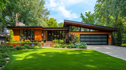 Modern house with wood and stone exterior surrounded by lush greenery and a well manicured lawn view