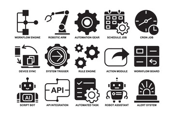 Automation process filled icon set. Workflow and robotic assistant solid icons. Modern AI integration symbols for software and technology. Vector illustration