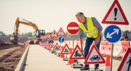 Construction worker wearing high visibility vest positioning traffic signs on a newly built road, with an excavator working in the background