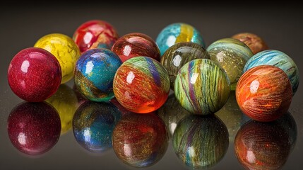 Obraz premium Colorful Assortment of Glass Marbles Displayed on Dark Background with Reflections and Textures. High quality