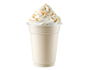 Creamy milkshake topped with whipped cream and sprinkles, in a clear plastic cup isolated on transparent background.