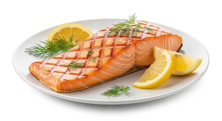 Grilled salmon fillet on a white plate with lemon wedges and dill sprigs presented beautifully
