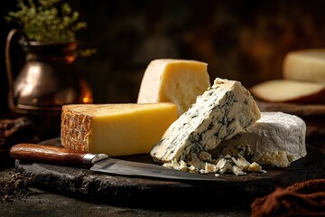 Assorted cheeses on a dark wooden board, with a knife