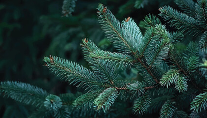 Close up of lush green pine tree branches with needles. Nice fir branches. Close up. Wonderful background for your text. Christmas decoration. Winter holidays mood of Christmas tree branches. © Pickoloh