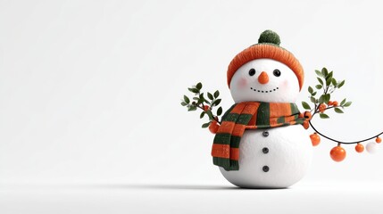 Fototapeta premium Whimsical Snowman with Knit Hat and Branch Arms Decorated with Ornaments on White Background 