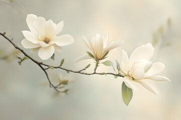 Elegant white magnolia blossom branch on soft background