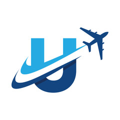 The image shows a flat logo design of an initial letter U in blue color with an airplane flying through it creating two swoosh lines. It looks clean and modern on a white background.