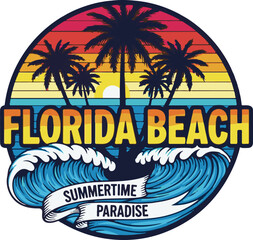 Vector art of florida beach summertime paradise with waves and palm trees