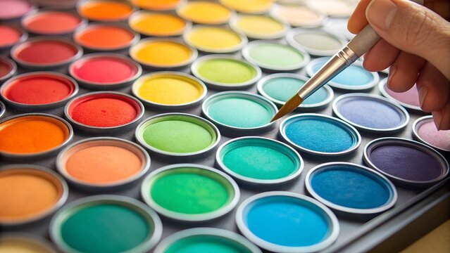 Artist's Hand Painting with Brush on Colorful Paint Palette
