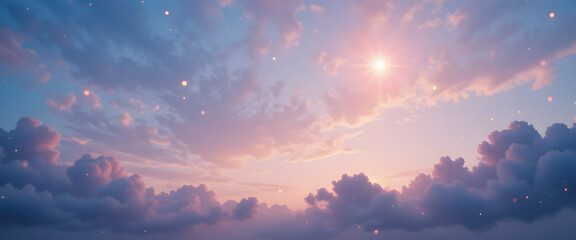 An aesthetic early evening sky featuring a blue-to-pink gradient with gentle lens flares and soft bokeh lights scattered across the sky.
