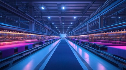 Obraz premium Modern Industrial Textile Factory Interior with Weaving Looms and Blue Lighting