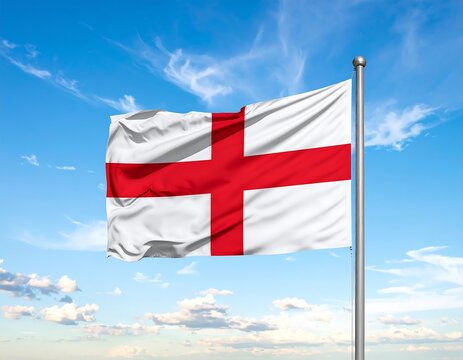 A white flag with a bold red cross, billowing gently in a bright blue sky dotted with fluffy white clouds