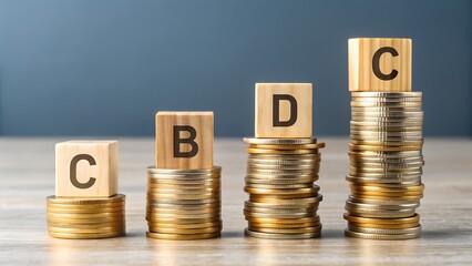 Stacks of coins with wooden blocks showing letters c, b, d, c in ascending order, symbolizing financial growth and investment