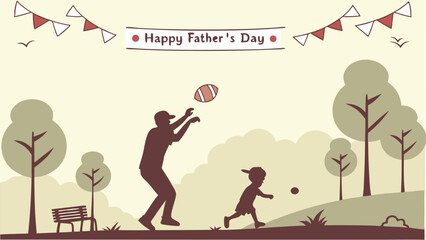 Happy Father's Day: Silhouette of father and son playing catch in a park, minimalist style, warm and joyful mood, festive bunting, idyllic setting.