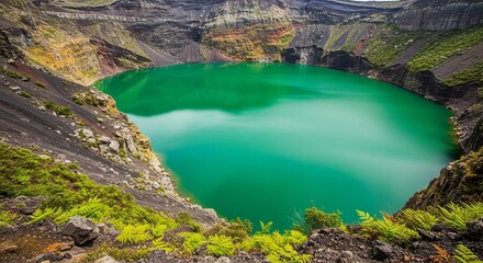 Aerial view of a vibrant green crater lake surrounded by rocky cliffs and lush vegetation scenery