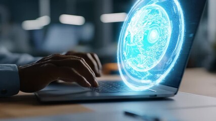 Person hands typing on keyboard, neon hologram globe with data and code floats above digital interface. Fingers work building secure network, neon streams highlight digital security scene. - Powered by Adobe