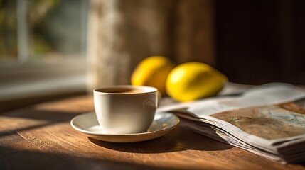 Morning coffee and newspaper with vibrant lemons on a rustic wooden table in the sunlight