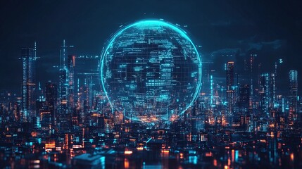 Futuristic Digital Overlayed Cityscape with Glowing Data Sphere Technology