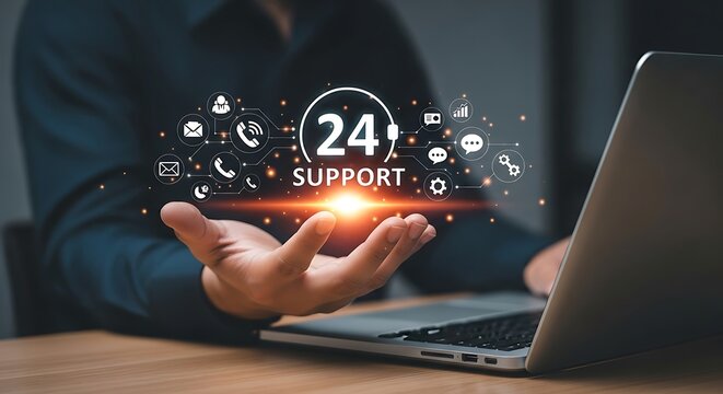 247 support concept with hand holding digital icons on laptop screen