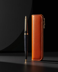 Elegant Black Pen and Leather Case on Dark Background with Dramatic Lighting