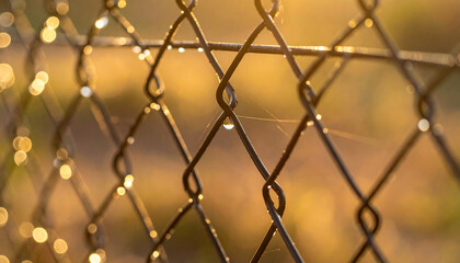 Naklejka premium Glistening water droplets cling to a metal chain-link fence, illuminated by the warm, golden light of a sunrise or sunset.