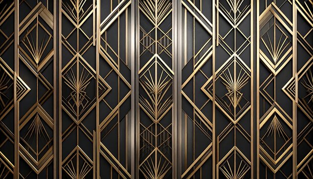 Fototapeta Ornate Art Deco Pattern with Golden Geometric Shapes on Dark Background