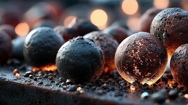 Macro 3D render of iron pellets undergoing chemical transformation into iron hydroxide with dramatic lighting, textured surface details, and glowing heat elements, perfect for industrial visuals.