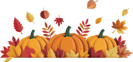 Autumn pumpkin and falling leaves illustration with transparent background, perfect for Thanksgiving, seasonal banners, fall decorations, or festive designs.