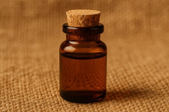 Experience natural healing with this vintage apothecary bottle of amber liquid elixir on burlap