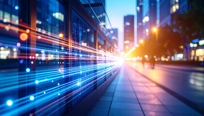 Modern city street with glowing digital lines reflecting technology.