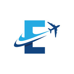 The image shows a flat logo design of an initial letter E in blue color with an airplane flying through it creating two swoosh lines. It looks clean and modern on a white background.