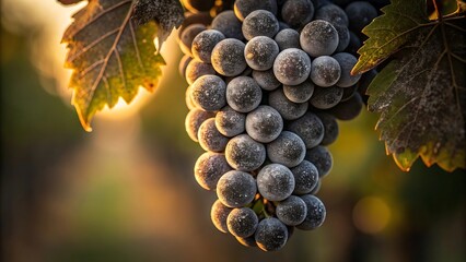 Dark grapes with frosted bloom and autumn leaves vineyard