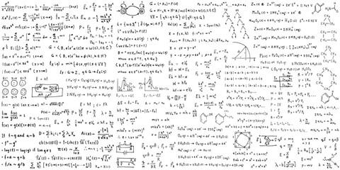Science line hand drawn symbols. Geometric icons and formulas of important science technology theories. Vector illustration for background.