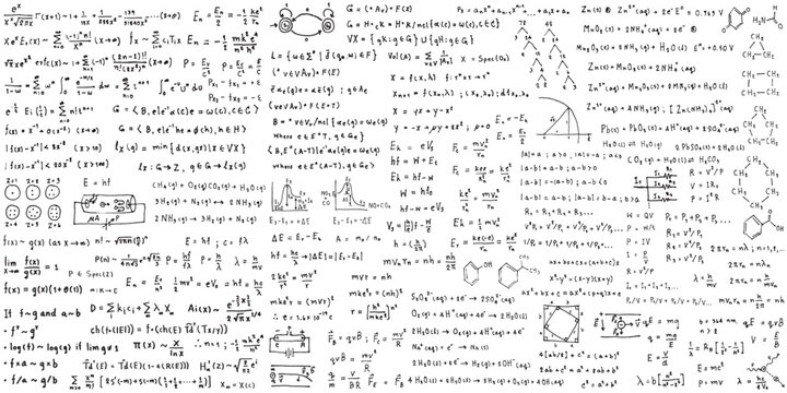 Science line hand drawn symbols. Geometric icons and formulas of important science technology theories. Vector illustration for background.