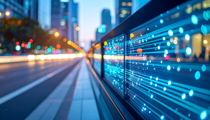 Cityscape at night with illuminated digital display showcasing data streams.