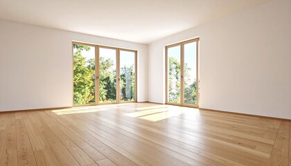 Fototapeta premium Empty room with large windows, hardwood floor