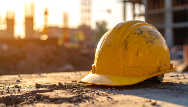 Hard hat rests on dusty ground at sunset construction site. - Powered by Adobe
