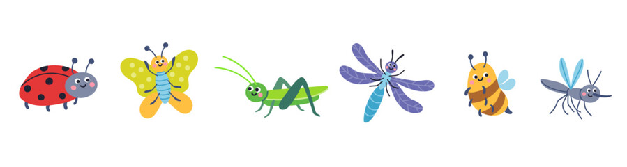 Cute insects illustration set, vector, simple, flat design for children's posters, books, backgrounds and  children's room decoration. Insects collection, isolated on a white background