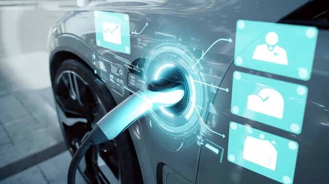 Plug powers electric vehicle at station, energy flows to battery. Charging process builds sustainable transport infrastructure. Future of vehicle mobility focuses on green energy, clean battery.